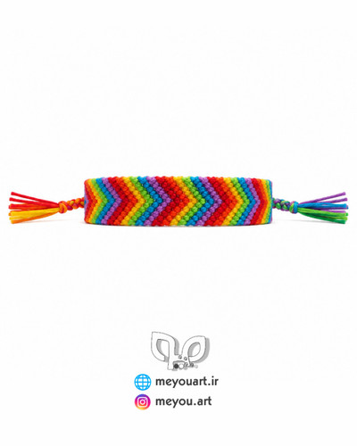 دستبند دوستی بافت میوآرت با طرح فلش و رنگهای رنگینکمانی (قرمز، نارنجی، زرد، سبز، آبی فیروزهای و بنفش) - قرار گرفته روی سطح سفید صاف - نمای کامل از حلقه ابتدایی، بافت دورشتهای ظریف و گیسهای انتهایی